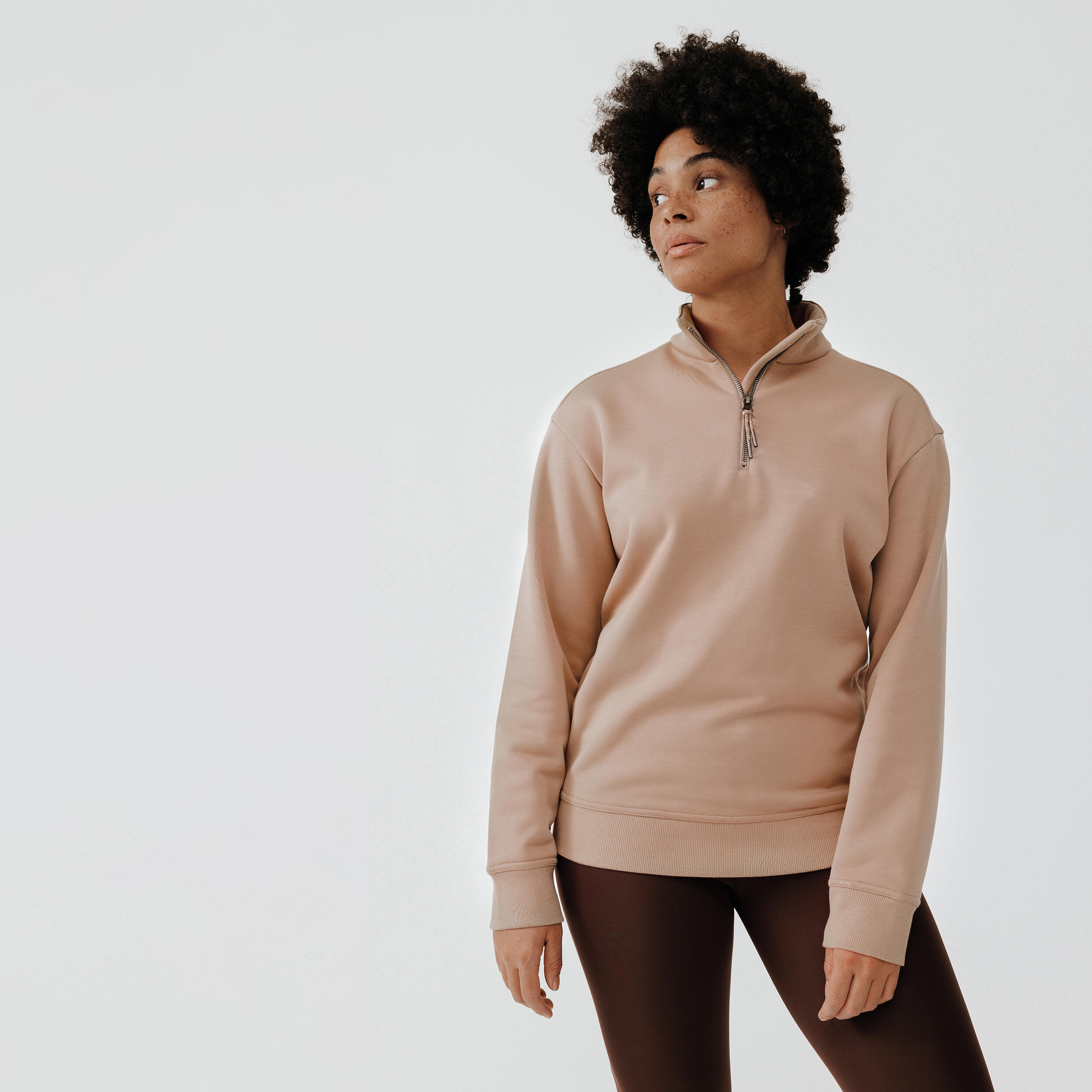 Women's zipped-collar running sweatshirt Warm + - beige 1/8