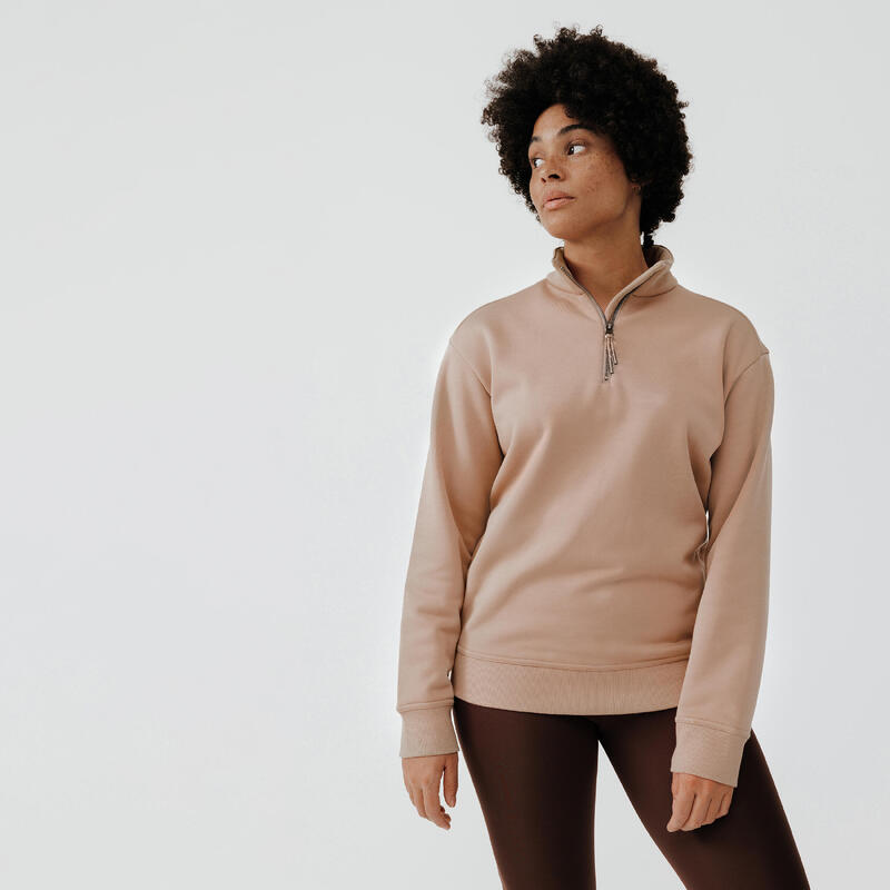 Sudadera Running cálida cuello con cremallera mujer Warm+ beige