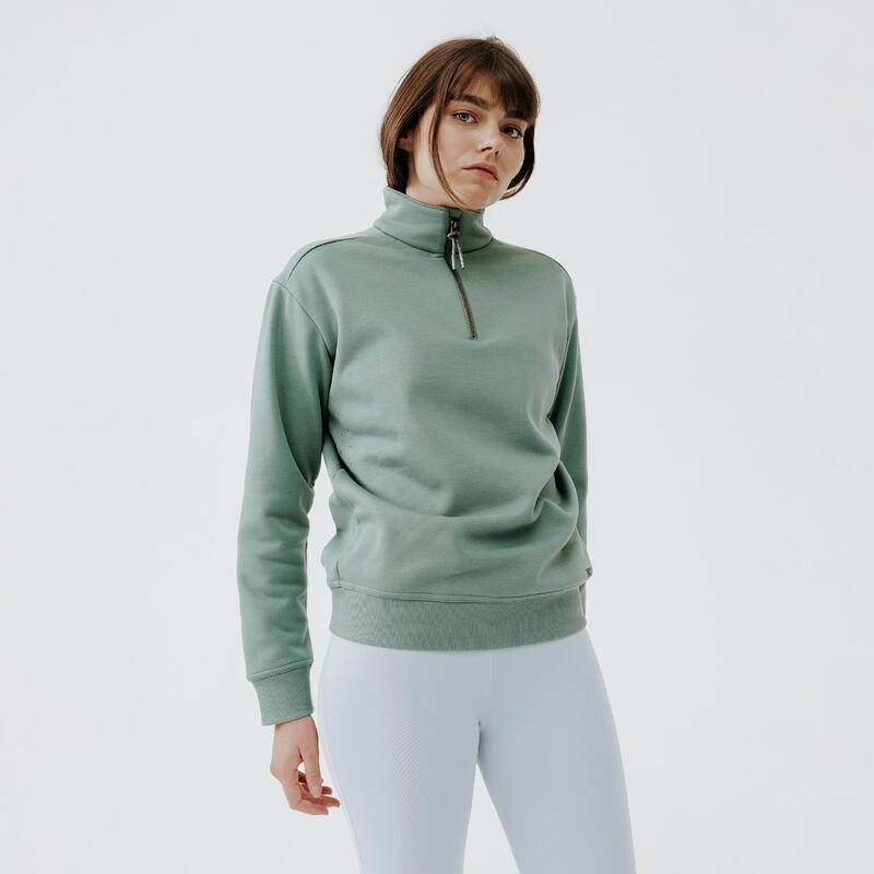 Warme sweater voor hardlopen dames Warm+ rits aan de hals groen