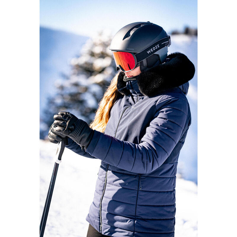 Veste de ski chaude mi-longue femme, 100 bleu marine