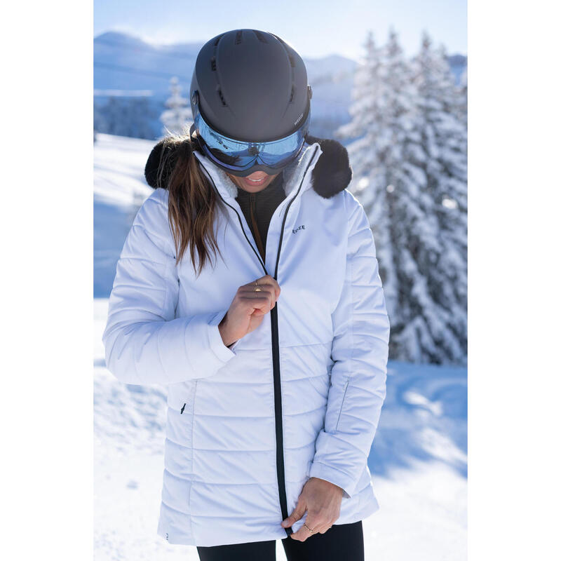 Casaco Quente de Ski meio-comprido 100 Mulher Branco