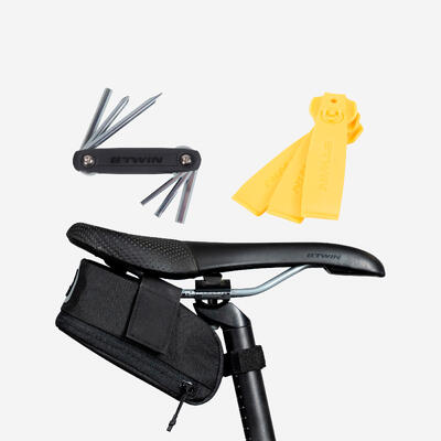 Set zadeltas easy m 0.6 l zwart + multitool + 3 bandenlichters