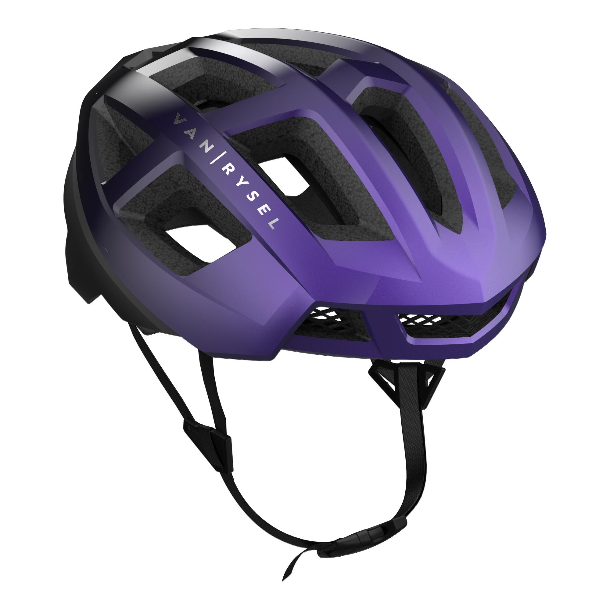 purple and black bike helmet