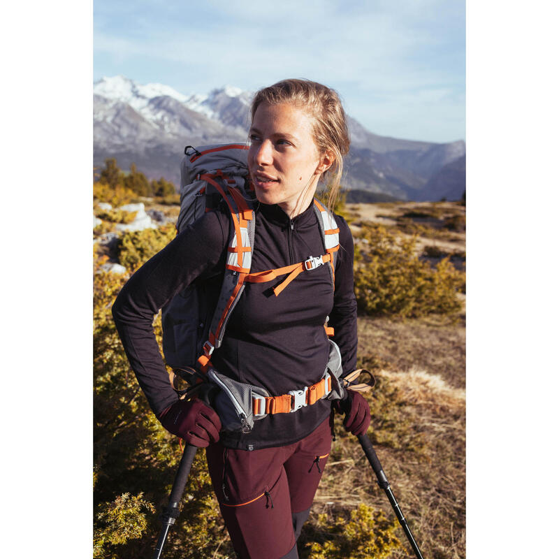 Bluză cu lână merinos, guler înalt cu fermoar Trekking MT500 Negru Damă