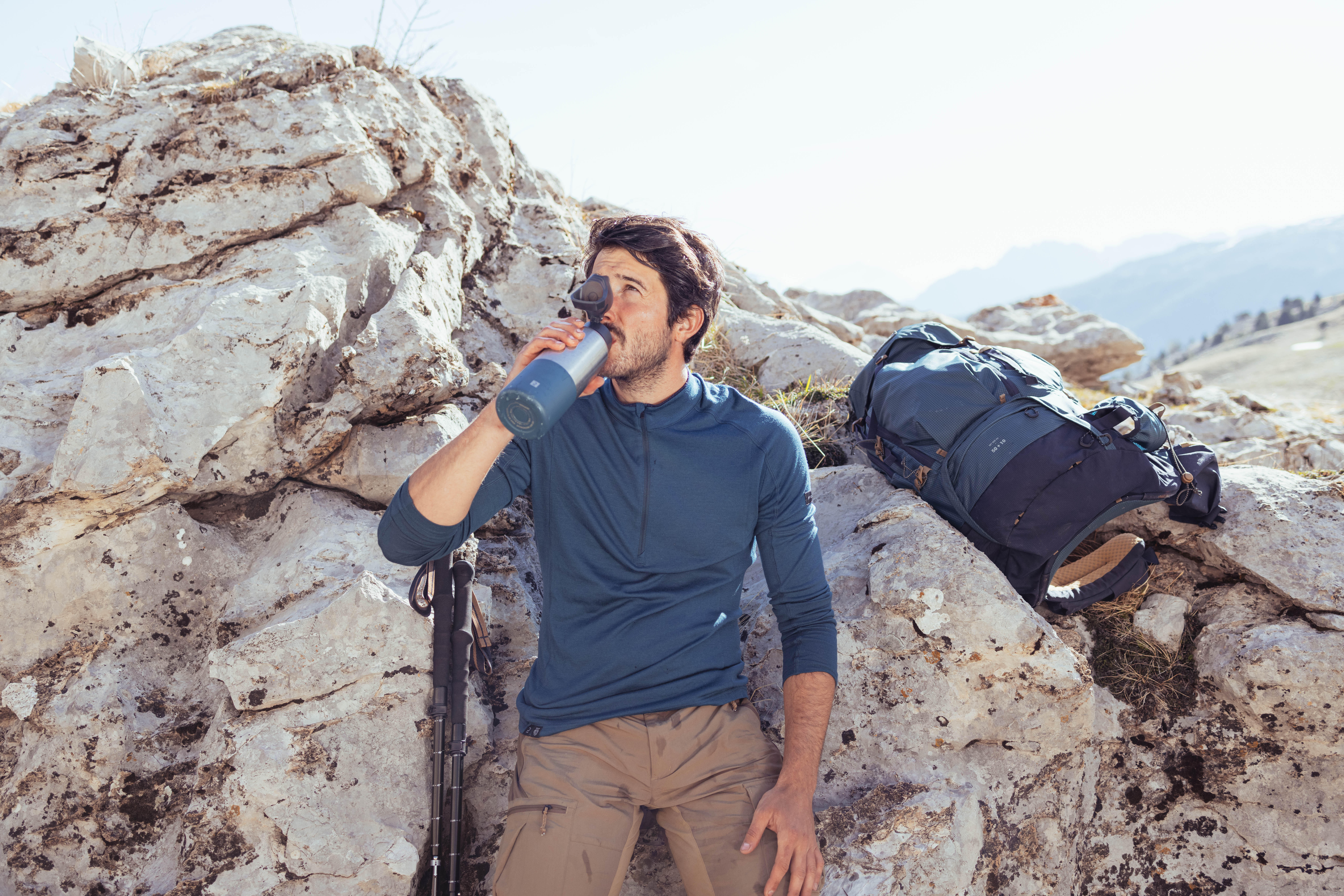 Men s Mountain Trekking Merino Wool Long Sleeved T Shirt MT500 Blue