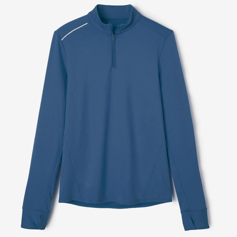 Warm hardloopshirt met rits en lange mouwen voor heren Run 100 Warm blauw