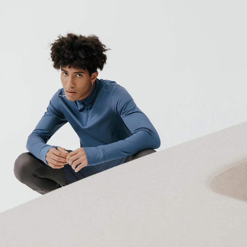 T-shirt zip chaud manches longues de running Homme - KIPRUN Run 100 Warm Bleu