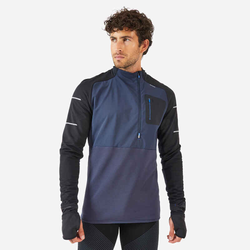 MEN'S RUNNING WINTER LONG-SLEEVED T-SHIRT KIPRUN WARM REGUL-BLUE BLACK