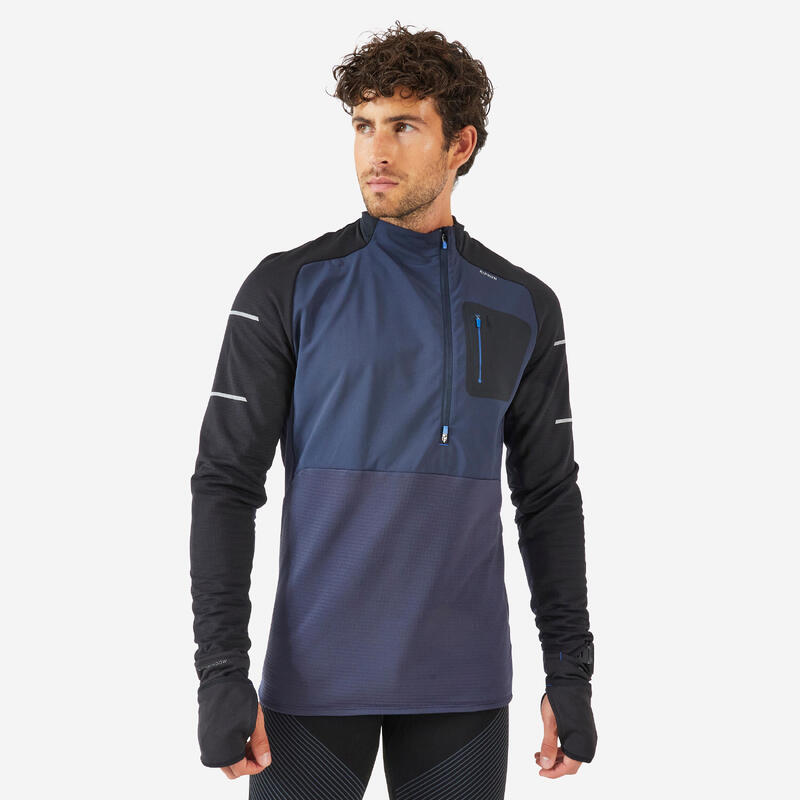 Pánské běžecké tričko s dlouhým rukávem Kiprun Warm Regul modro-černé 