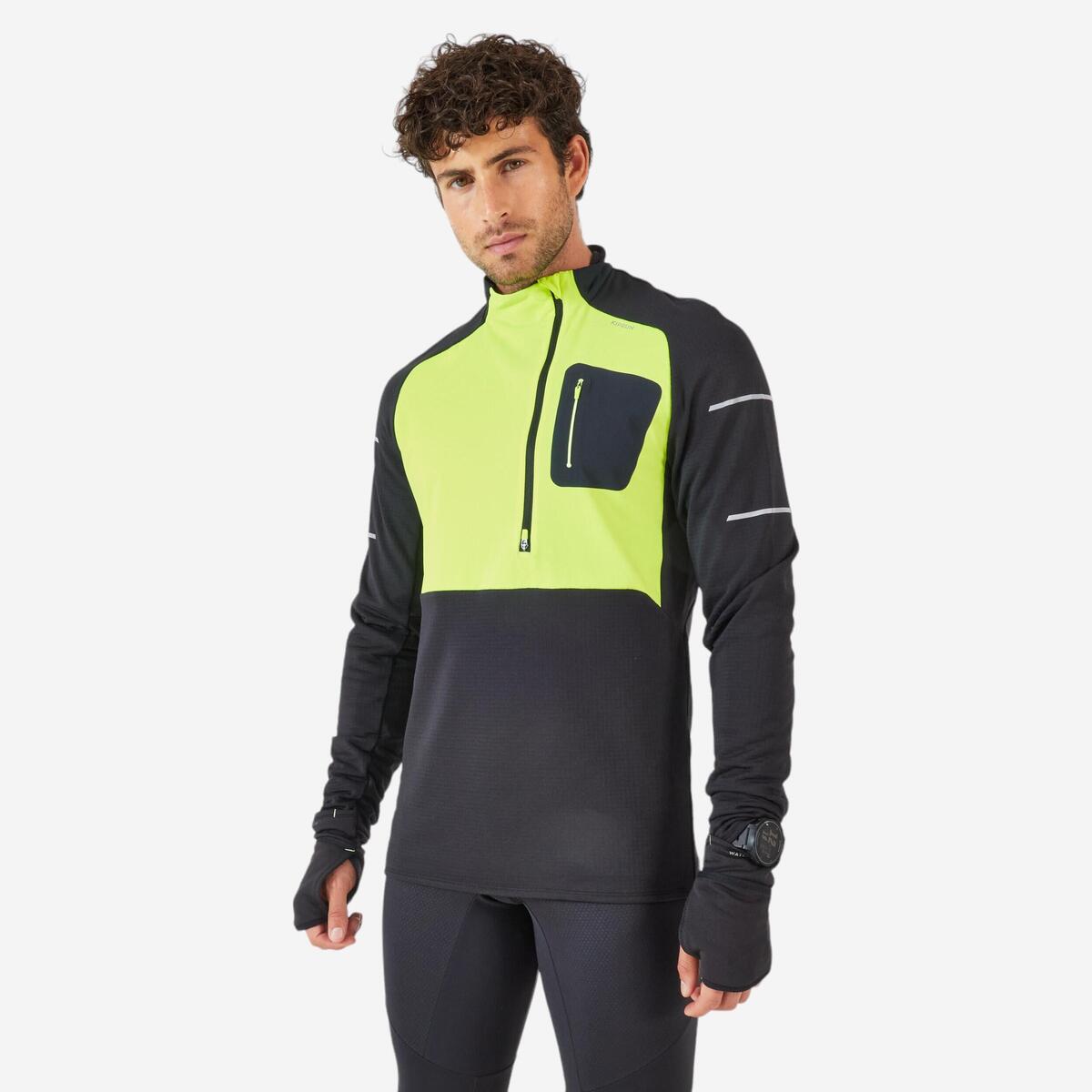 T-SHIRT RUNNING MANCHES LONGUES HIVER HOMME - KIPRUN WARM REGUL NOIR JAUNE
