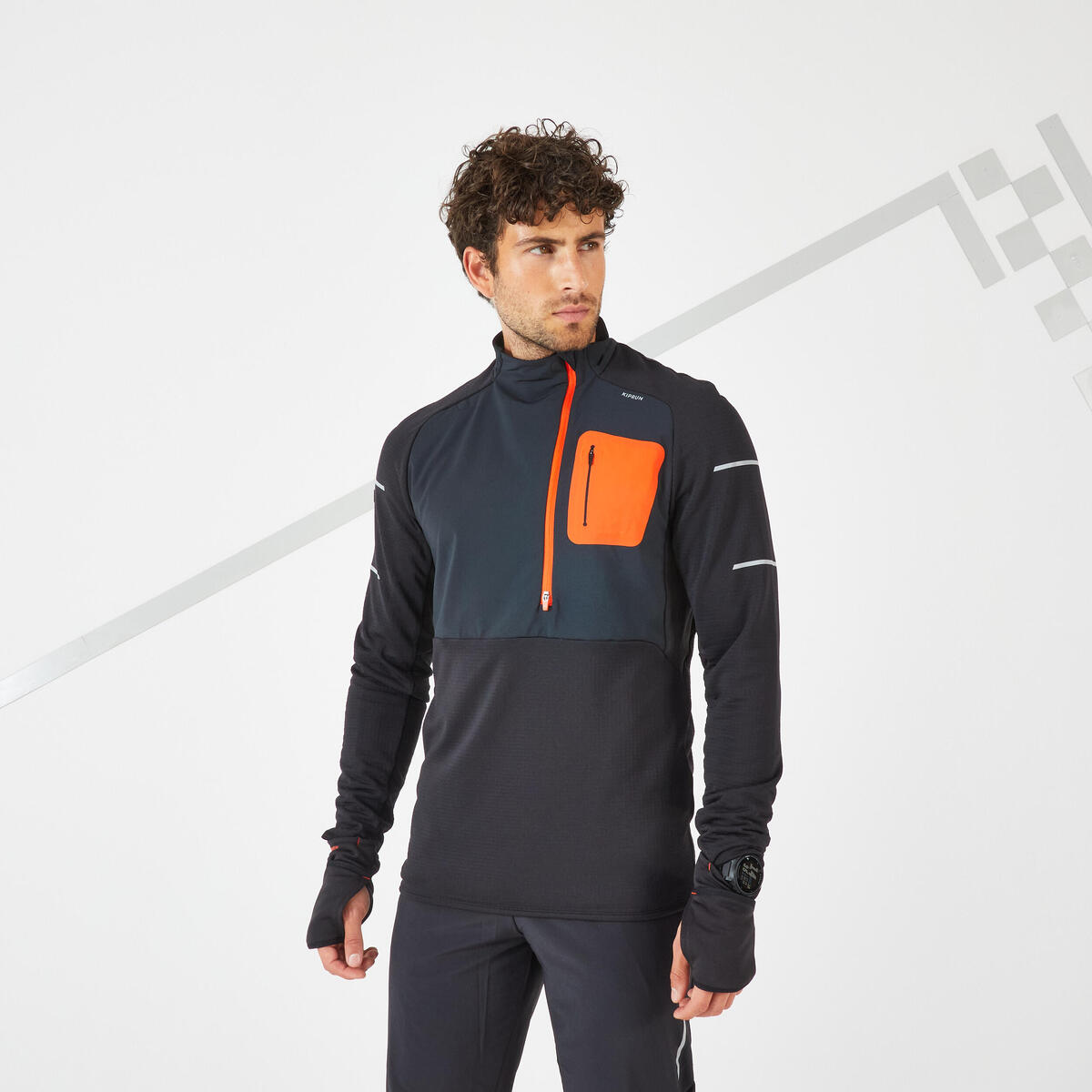 T-SHIRT RUNNING MANCHES LONGUES HIVER HOMME - KIPRUN WARM REGUL NOIR ROUGE LTD