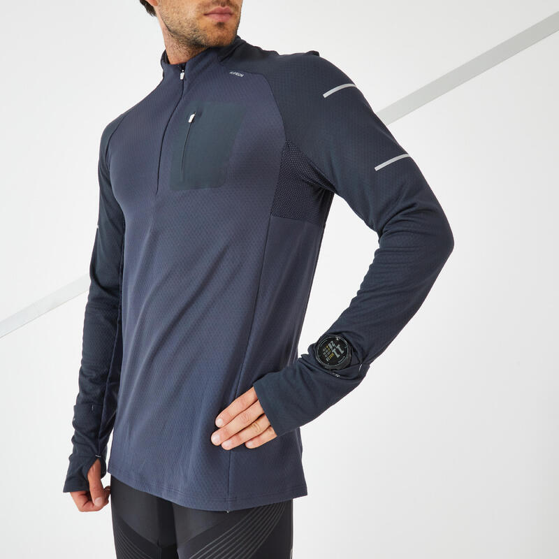 Pánské běžecké tričko s dlouhým rukávem Kiprun Warm Light černo-modré 