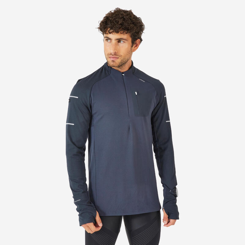 KIDS' WARM LONG-SLEEVED RUNNING JERSEY 1/2 ZIP - KIPRUN WARM -NAVY BLUE -  Decathlon