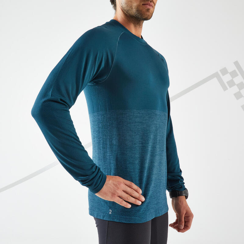 T-SHIRT RUNNING HOMME RESPIRANT MANCHE LONGUE - KIPRUN CARE BLEU PETROLE LTD