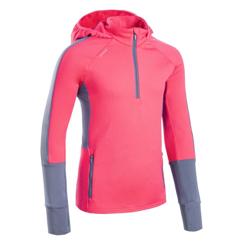 KIDS' WARM LONG-SLEEVED RUNNING JERSEY - KIPRUN WARM+ - PINK AND GREY