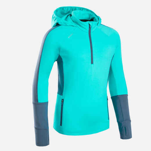 
      Girls' warm long-sleeved running jersey 1/2 zip - Turquoise and grey
  