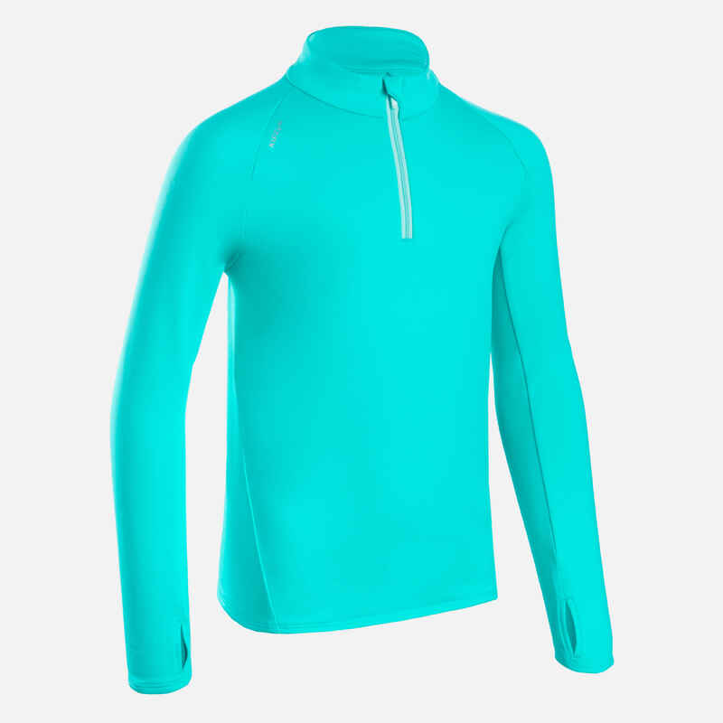 Laufshirt langarm Leichtathletik 1/2 Reißverschluss warm Kiprun Kinder türkis