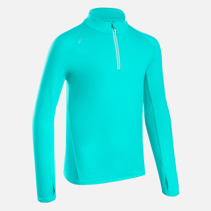 MAILLOT MANCHES LONGUES RUNNING ENFANT 1/2 ZIP CHAUD - KIPRUN WARM TURQUOISE