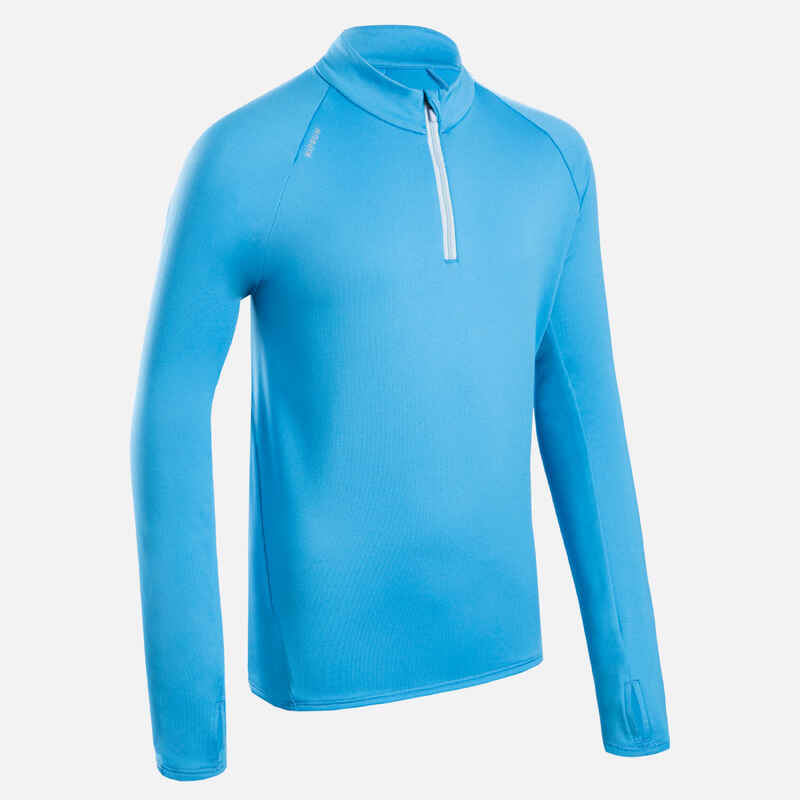 Laufshirt langarm Leichtathletik 1/2 Reißverschluss warm Kiprun Kinder hellblau