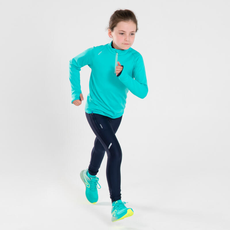 MAILLOT MANCHES LONGUES RUNNING ENFANT 1/2 ZIP CHAUD - KIPRUN WARM TURQUOISE
