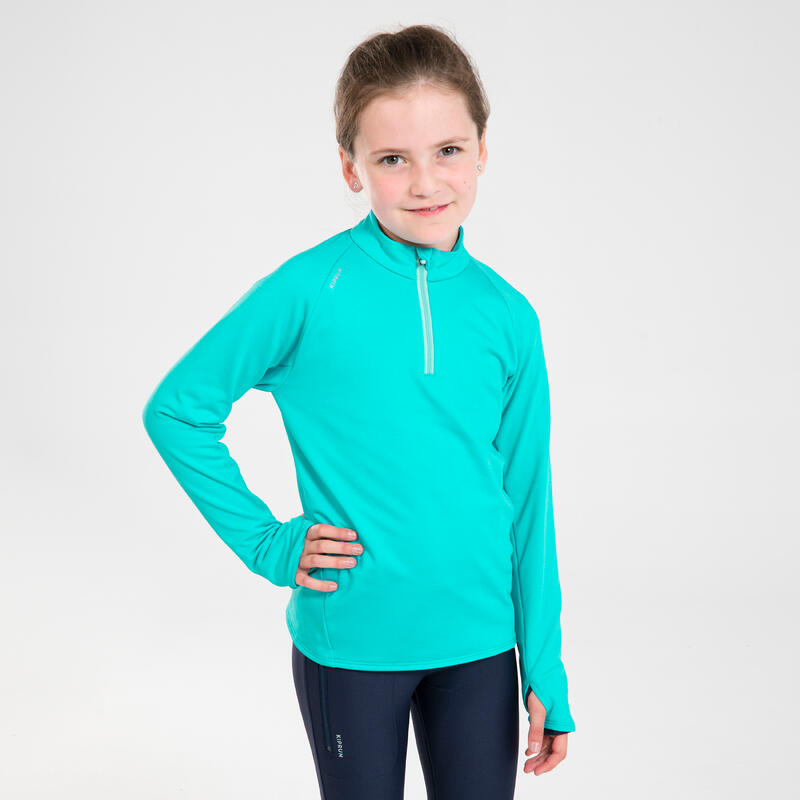MAILLOT MANCHES LONGUES RUNNING ENFANT 1/2 ZIP CHAUD - KIPRUN WARM TURQUOISE
