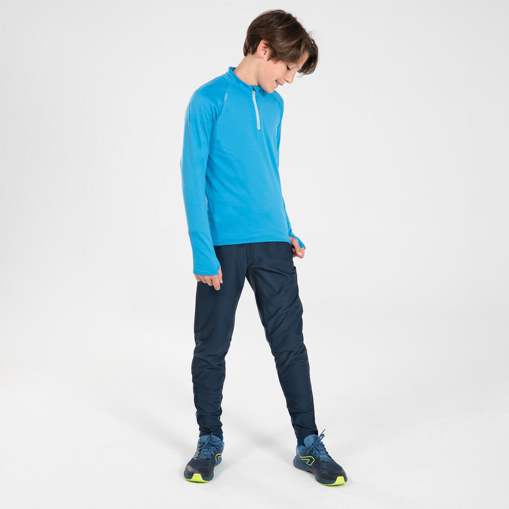 KIDS WARM RUNNING TROUSERS - KIPRUN WARM ZIP - NAVY BLUE GREY