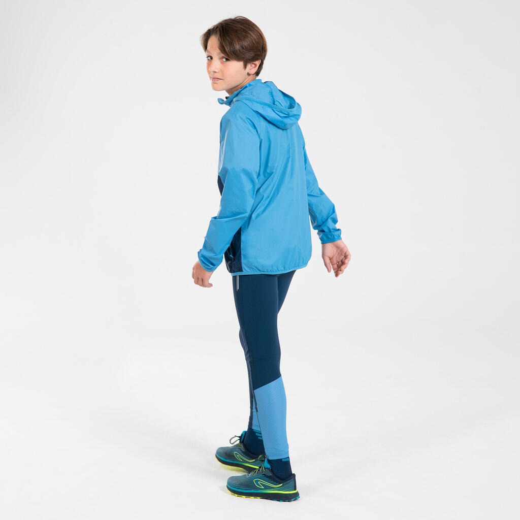 Kids' Kiprun Wind running windproof hooded jacket - navy green 