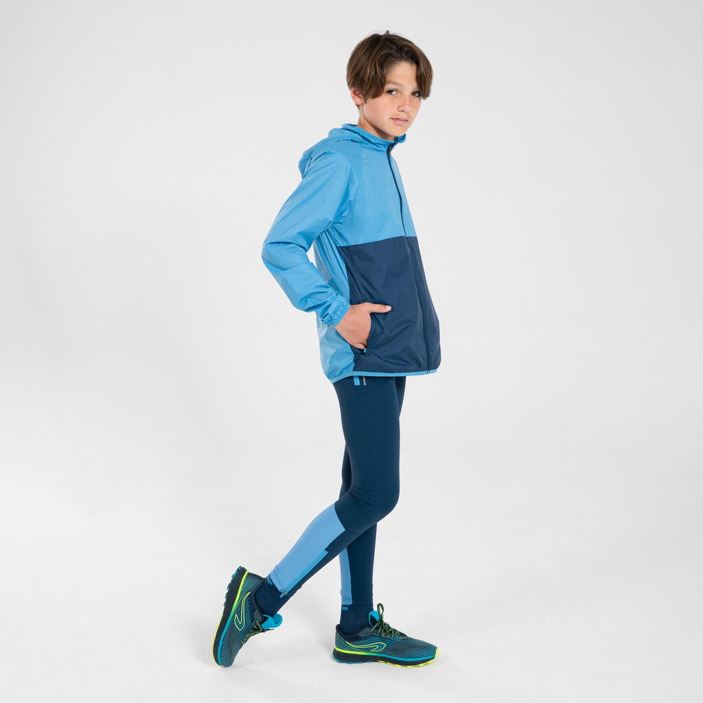 Kids' Kiprun Wind running windproof hooded jacket - navy green 