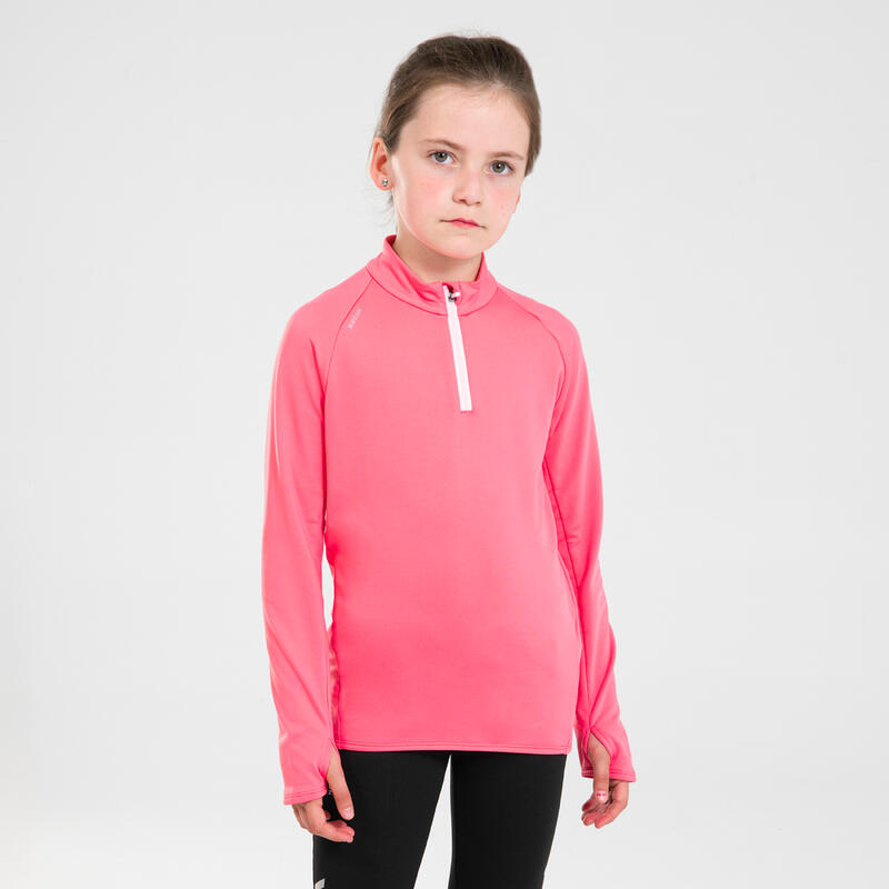 Camiseta running manga larga cálida 1/2 cremallera niños Kiprun warm rosa