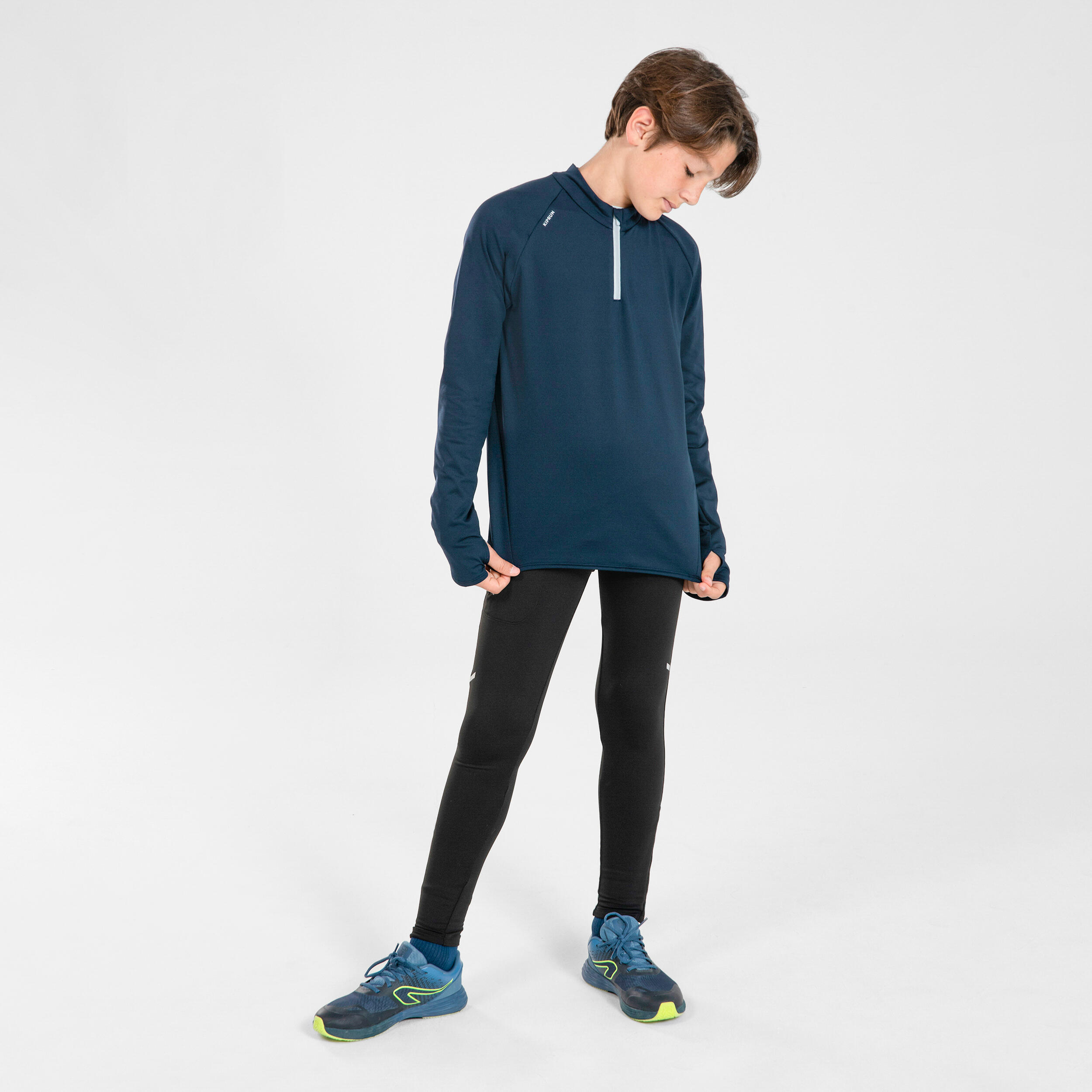 Children's 1/2 zip warm long-sleeve running T-shirt - KIPRUN Warm 100 Navy