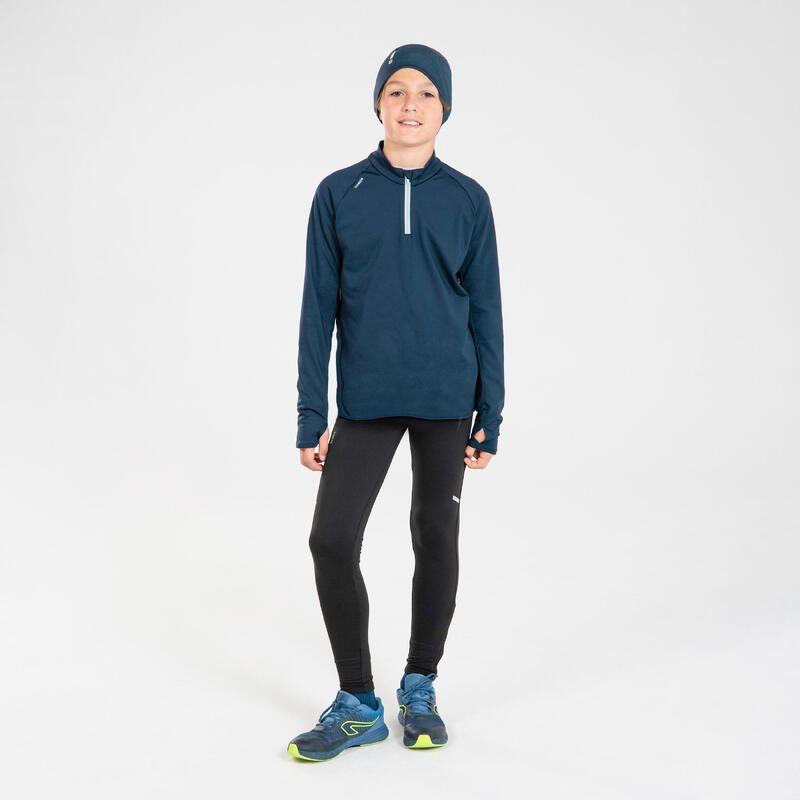 Tee-Shirt manches longues running Enfant 1/2 zip chaud - KIPRUN Warm 100 Marine