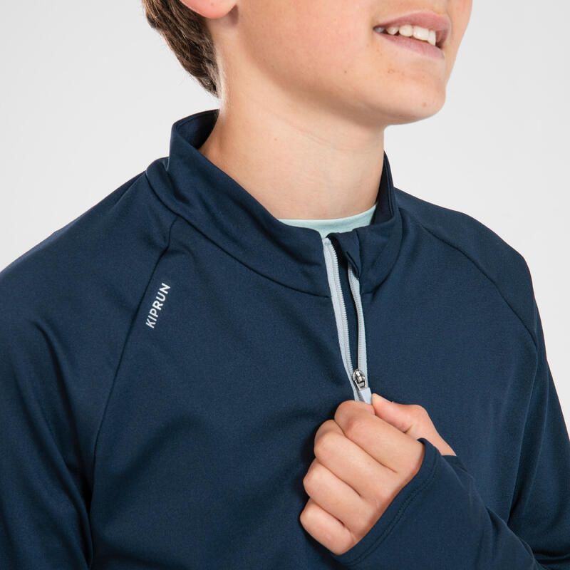 Camiseta running manga larga cálida 1/2 cremallera niños Kiprun warm azul marino