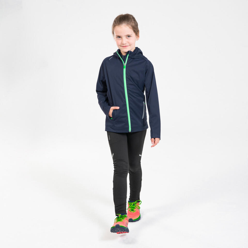 KIDS' WARM WATERPROOF RUNNING JACKET - KIPRUN WARMJACKET NAVY GREEN