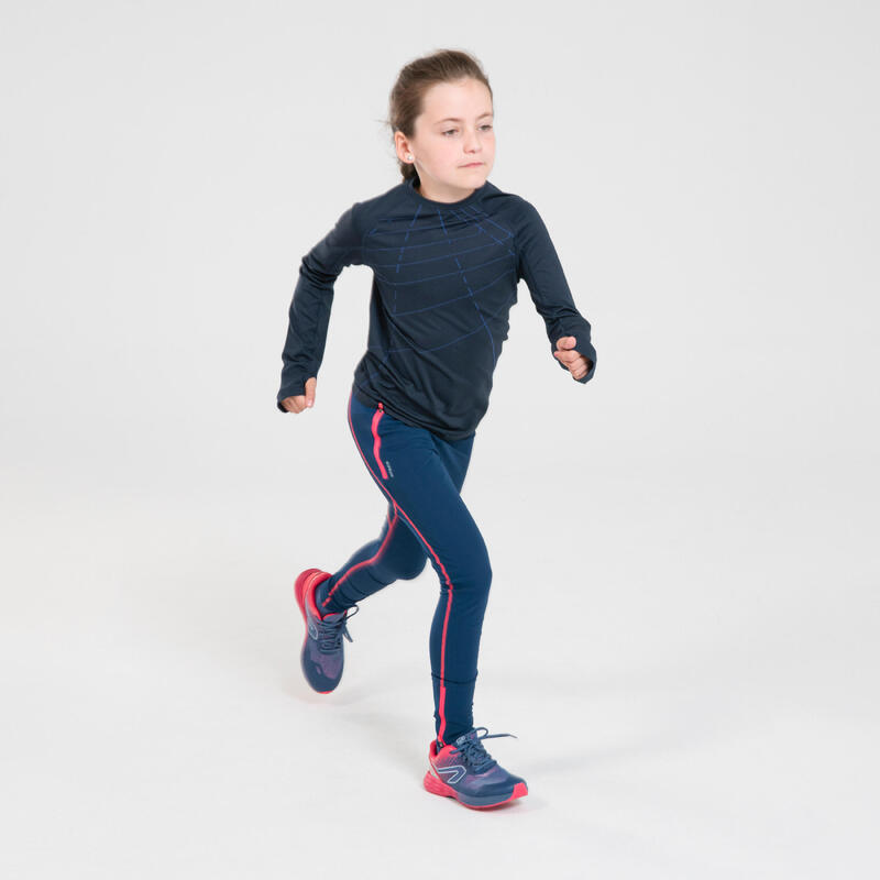 Mallas largas running transpirables niña Kiprun dry + azul marino