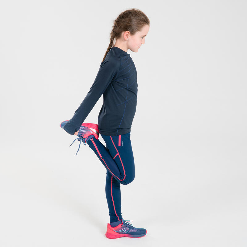 Dívčí běžecké legíny prodyšné Kiprun Dry+ tmavě modro-růžové