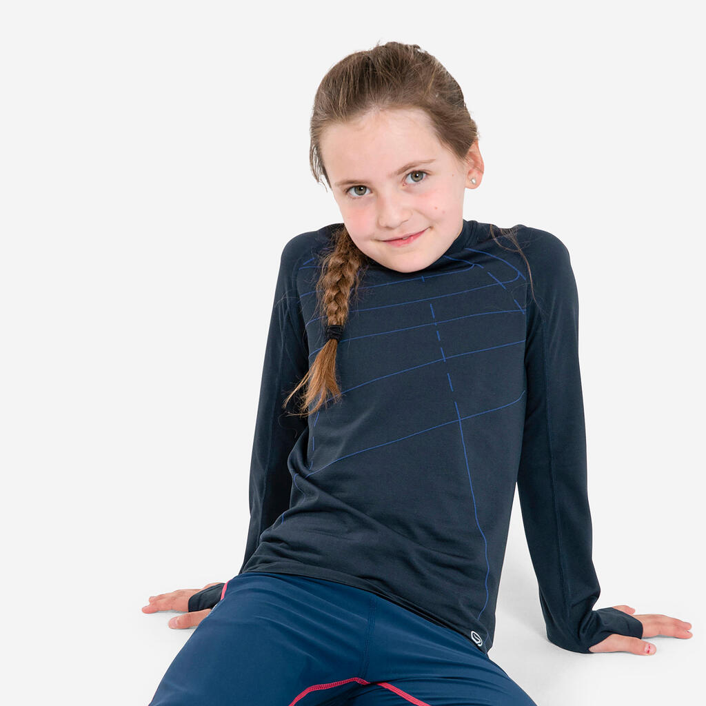 Detské bežecké priedušné tričko s dlhým rukávom Skincare tmavomodré
