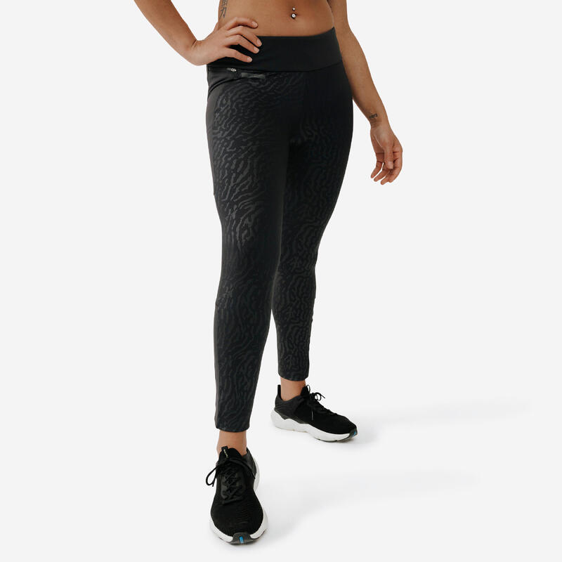 Női meleg leggings futáshoz Warm+, fekete, mintás