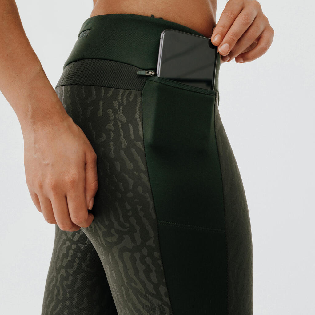 Lauftights lang Damen - Warm+ khaki mit Motiv 