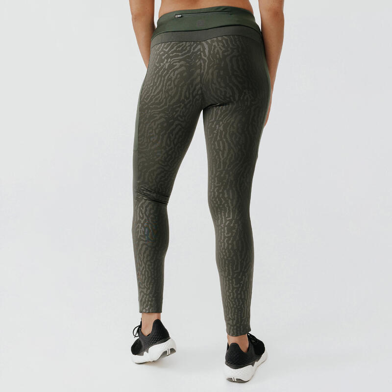 Lauftights lang Damen - Warm+ khaki mit Motiv 