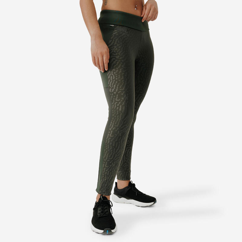 Lauftights lang Damen - Warm+ khaki mit Motiv 