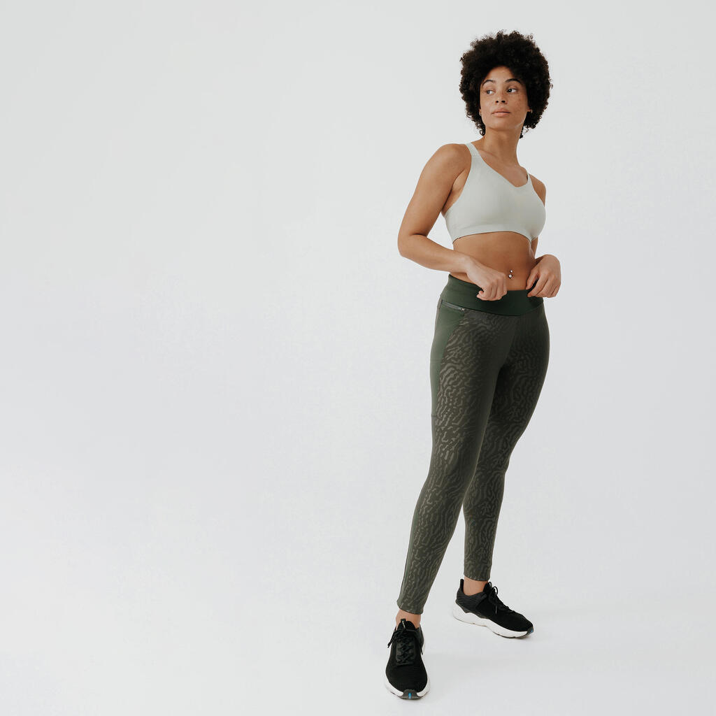 Lauftights lang Damen - Warm+ khaki mit Motiv 