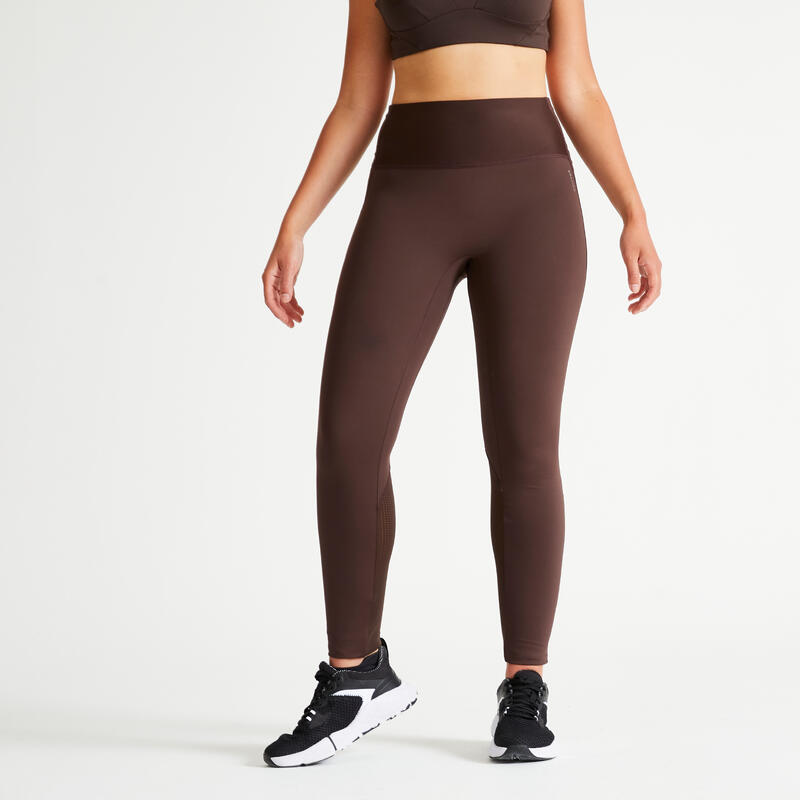 Női leggings fitneszhez FTI500A, magasított derekú, alakformáló, barna 