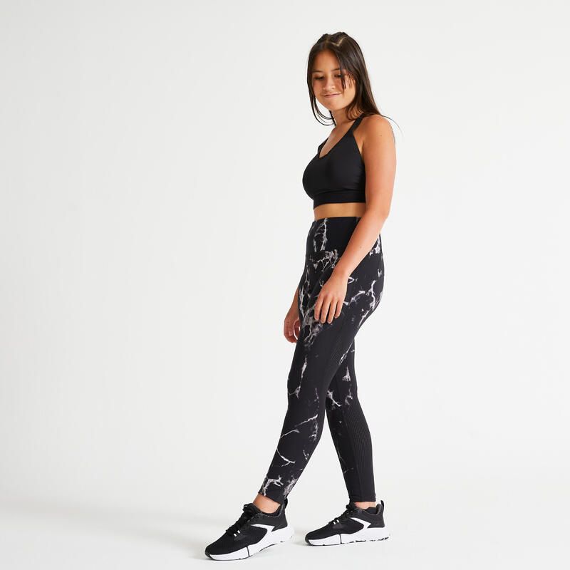 Női leggings fitneszhez FTI500A, magasított derekú, fekete mintás 