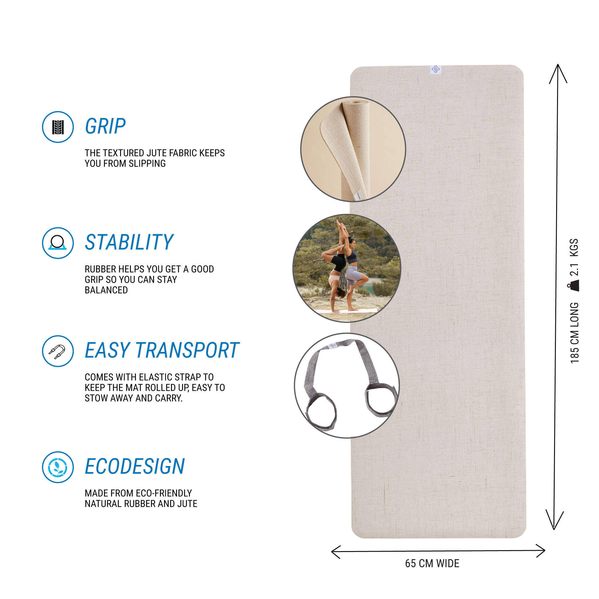 Yoga Mat, 4 mm thick, 183 x 61cm, with Strap, Jute and Natural Rubber, Dynamic -  5