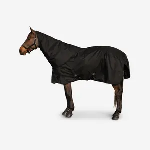 Caballo con manta impermeable de color negro