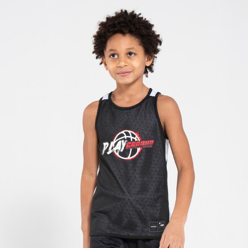 MAILLOT SANS MANCHE BASKET REVERSIBLE GARCON/FILLE T500R NOIR BLANC PLAYGROUND