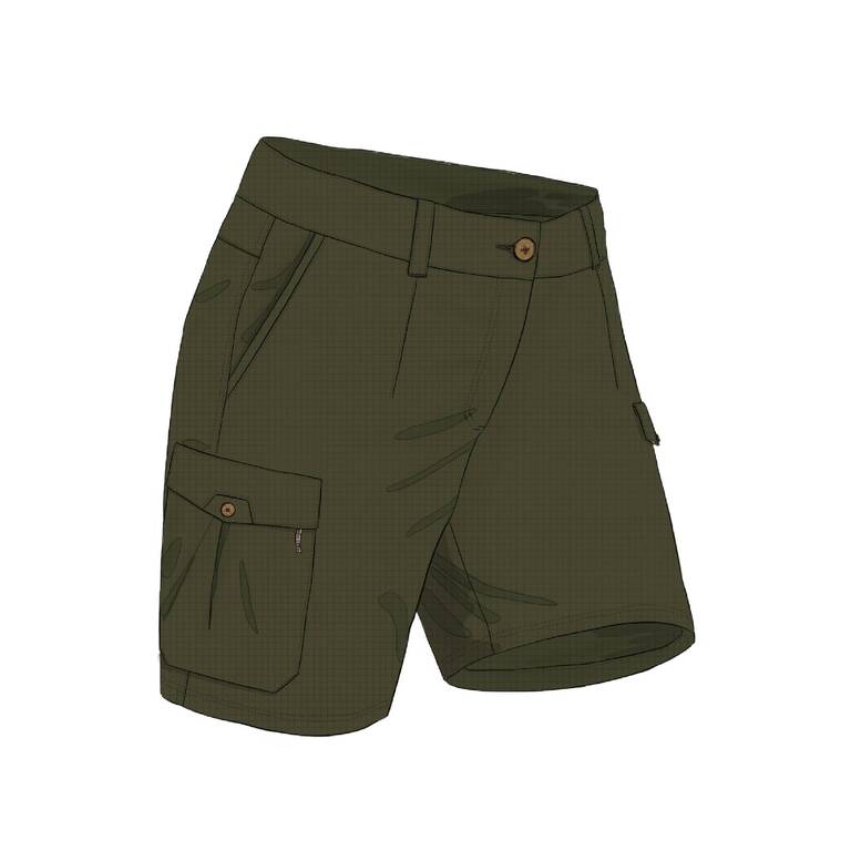 Women's Trekking and Travel Cotton Cargo Shorts - TRAVEL100 - Dark Green