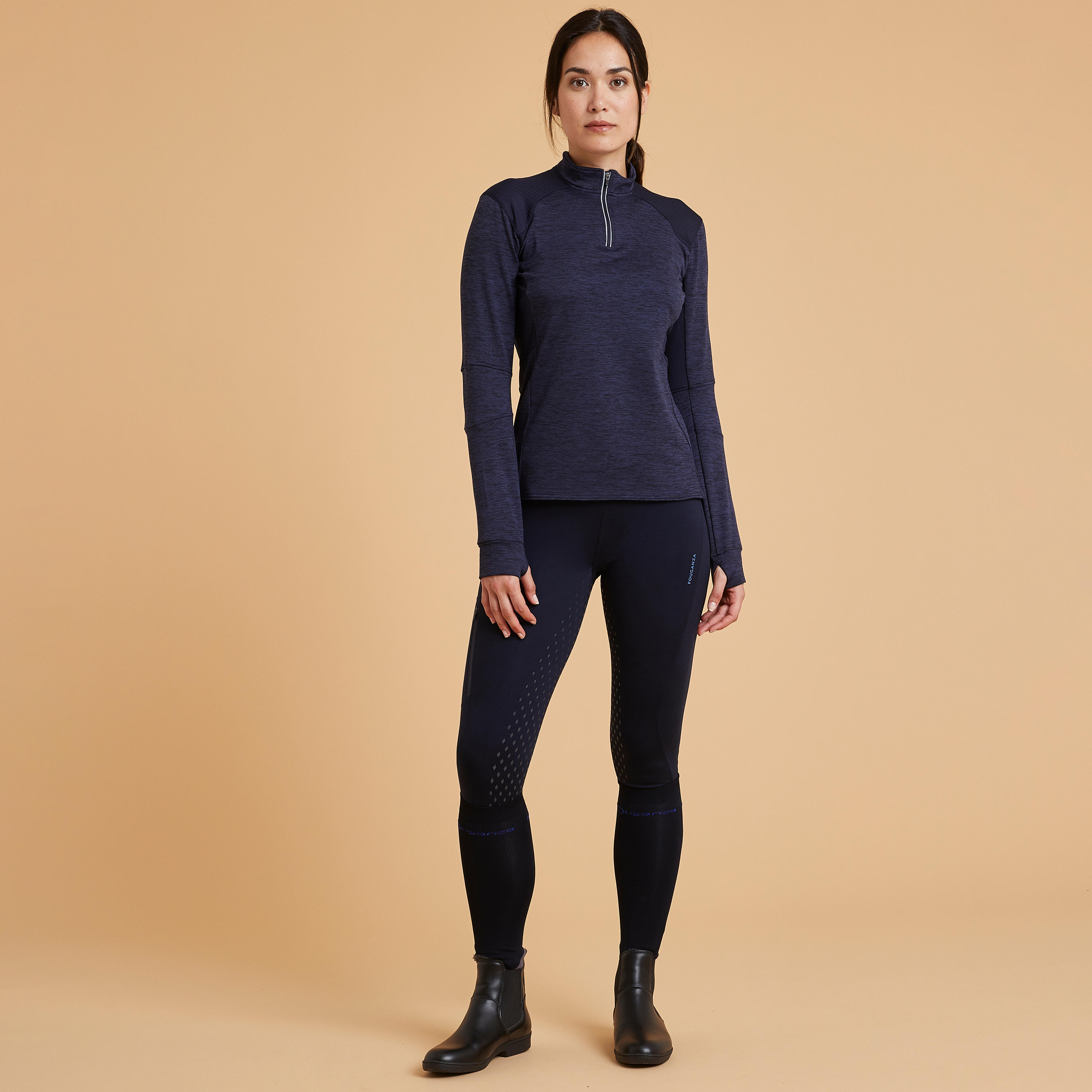 Women's Long-Sleeved Horse Riding Warm Polo Shirt - 500 Blue - FOUGANZA