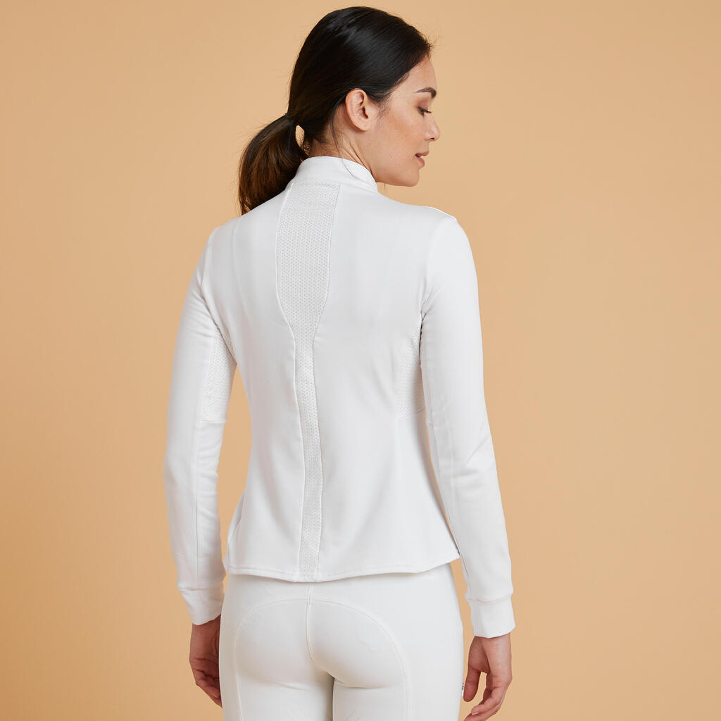 Reit-Poloshirt Langarm 500 Turnier warm Damen weiß