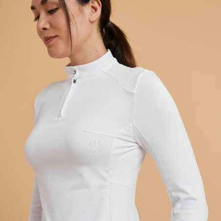 Women's Horse Riding Long-Sleeved Warm Competition Polo 500 - White